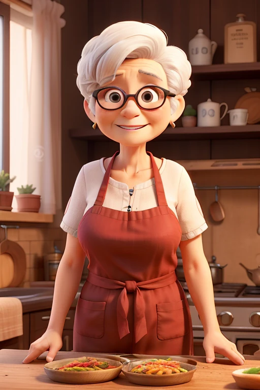 Nice 60-year-old woman with short white hair who is a grandmother and cook 