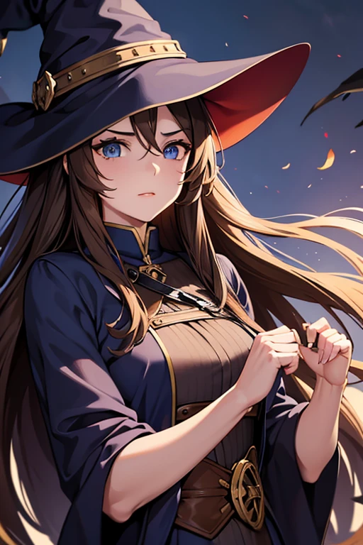 young woman, long brown hair blue eyes, witch, he would be, murderess, big chest