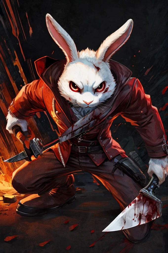 man with white rabbit head. Background on a black wall. let the whole body be seen, from head to toe. In one of his hands he has a knife with blood.
