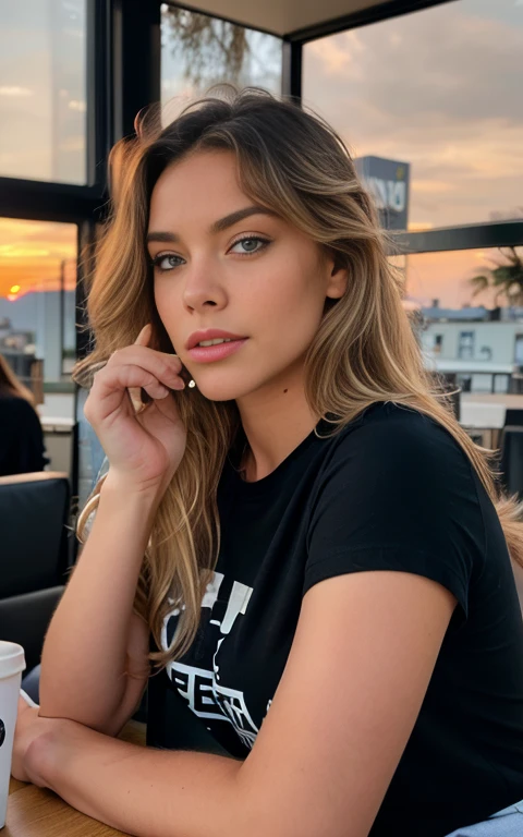 belle blonde portant un t-shirt noir de rock (sipping coffee in a modern cafe at sunset), very detailed, 21 ans, visage innocent, natural wavy hair, blue eye, high resolution, head of'artwork, best quality, intricate details, very detailed, sharpness, detailed skin, realistic skin texture, texture, detailed eyes, professionnel, 4K, charming smile, shot with Canon, 85mm, shallow depth of field, kodak vision color, corps parfaitement ajusté, extremely detailed, Photo_\(ultra\), photorealistic, realistic, Post-traitement, maximum detail, roughness, real life, ultra realistic, photorealism, la photographie, 8k uh, la photographie
