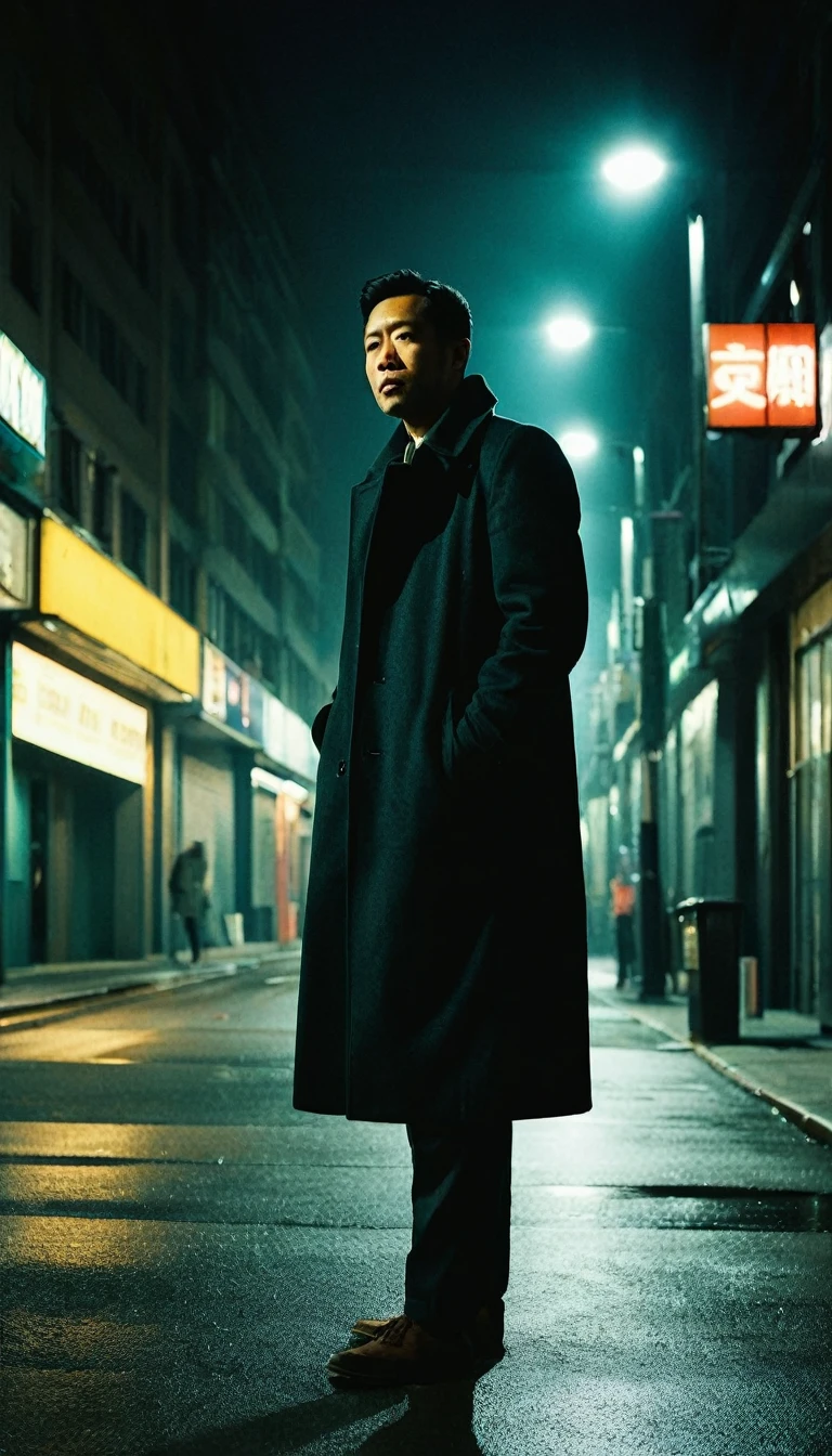 A 35-year-old man walks alone with a spotlight on his face on a dark street at night.
He wears a long coat and keeps his hands in his pockets, with an introspective posture.
Street lights create dramatic shadows on the ground and there is a slight mist in the air that adds a mysterious touch to the scene.
The facades of the surrounding buildings are old and have a worn appearance.
The yellowish light from public lighting reflects on surfaces.
The atmosphere is silent except for the distant sound of footsteps echoing in the empty street.
Style:
35mm film style