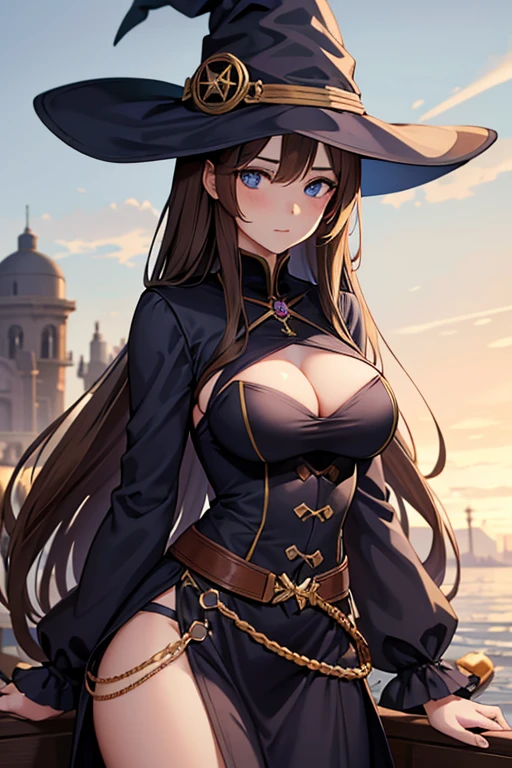 young woman, long brown hair blue eyes, witch, he would be, murderess, big chest