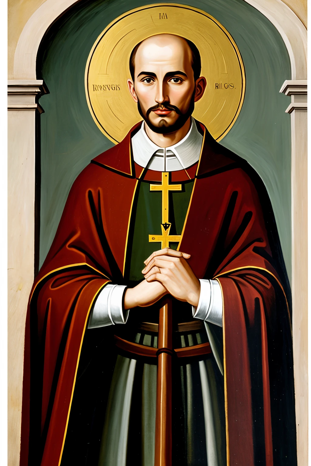SAINT IGNATIUS OF LOYOLA FRONT IN CARICATURE WITH HIS HAND SAYING ENOUGH OR STOP