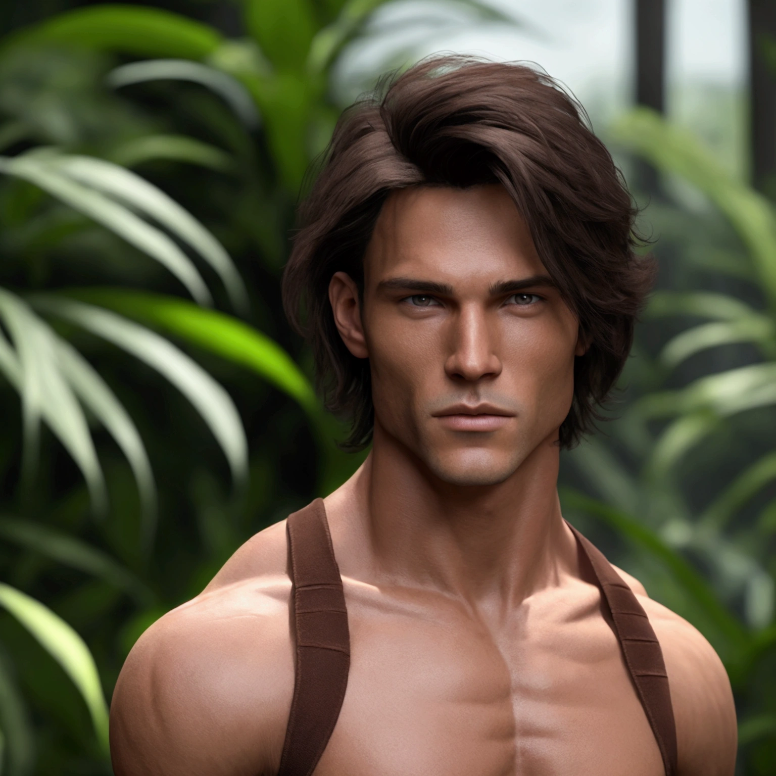 Create a realistic image of a man of average height, approximately 1,80 m, with an athletic physique. Your body is thin but with little muscle, reflecting physical training and endurance. Her hair is dark brown, wavy and slightly long, usually stuck in a messy style, like a layered cut or a relaxed cut. Her eyes are light brown, with a determined and expressive look. His face has striking features, with a well-defined jaw and a look that conveys courage and focus. He is dressed in white clothes: a tank top and cargo pants or strong jeans, ideal for a training or combat environment. He wears sturdy boots and may have accessories such as wrist wraps or knee pads.. The setting is the Amazon rainforest, with dense vegetation in the background, reflecting your bond with nature and your plant control abilities.