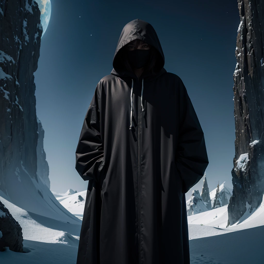 ((Best Quality)) hooded person looking at alien civilization architecture with dark color palette