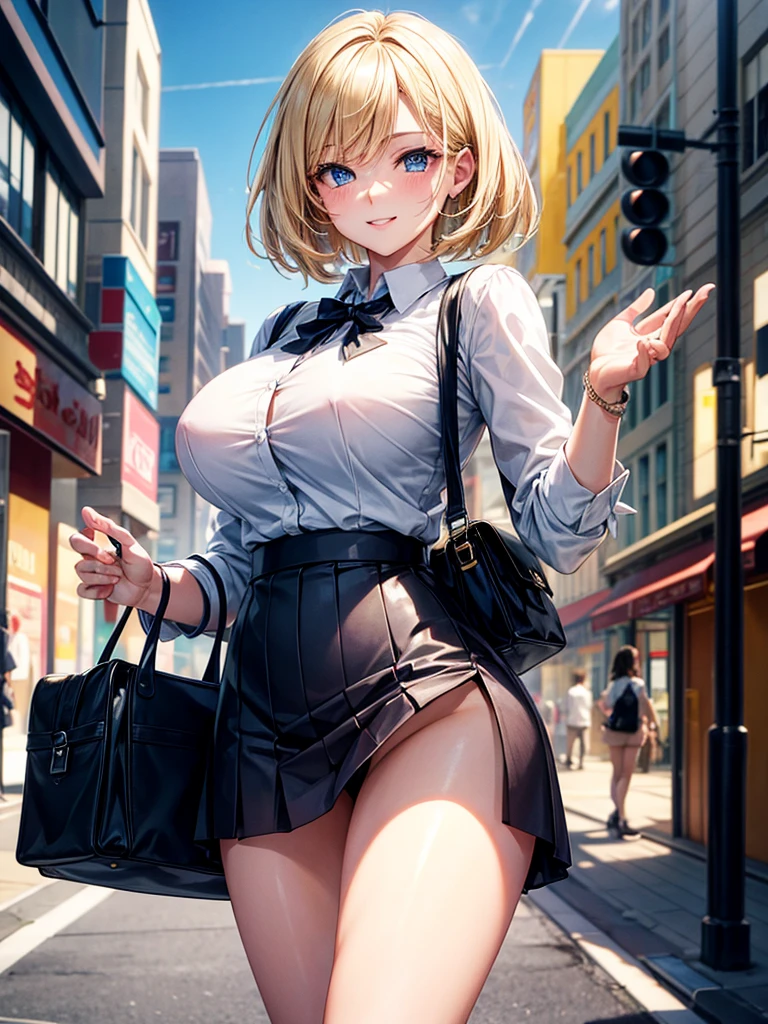 Anime style, super fine illustration, highly detailed, beautiful detailed, pale tone image, static representation, gentle expression, 8k, pretty 1girl with blonde straight short hair & blue eyes & a bright smile & huge breasts & soft fair skin is wearing a white business shirt & black tigft skirt & a bag on the business building street, brilliant particles of lights, romantic stories, solo, perfect fingers, perfect arms, perfect legs, masterpiece.