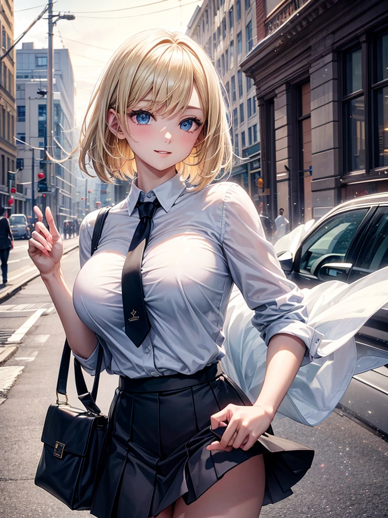 Anime style, super fine illustration, highly detailed, beautiful detailed, pale tone image, static representation, gentle expression, 8k, pretty 1girl with blonde straight short hair & blue eyes & a bright smile & huge breasts & soft fair skin is wearing a white business shirt & black tigft skirt & a bag on the business building street, brilliant particles of lights, romantic stories, solo, perfect fingers, perfect arms, perfect legs, masterpiece.