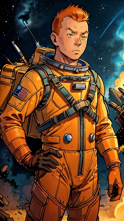 (Teens:1man: Tintin), (extremely detailed CG unit 8k wallpaper),(master part), (best quality), (ultra detali), (best illustration),(Silvestri), cowboy shot, (Sharp eyeliner, ombre, detailed eyes:1),Dark midnight derelict spaceship interiors background, ,break , (astronaut in an orange space suit), upper body, short hair, orange hair