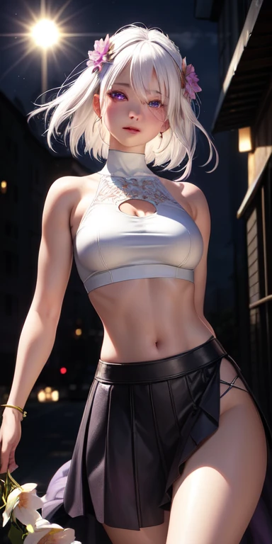 realistic, 1girl, white hair, purple eyes, glowing eyes, crop top, skirt, parted lips, blush, night, flowers, sun, sunlight,