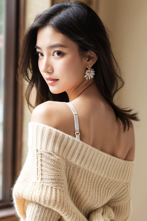 ((best quality)), ((Masterpiece)), (details), 1 girl, open shoulder sweater, 
