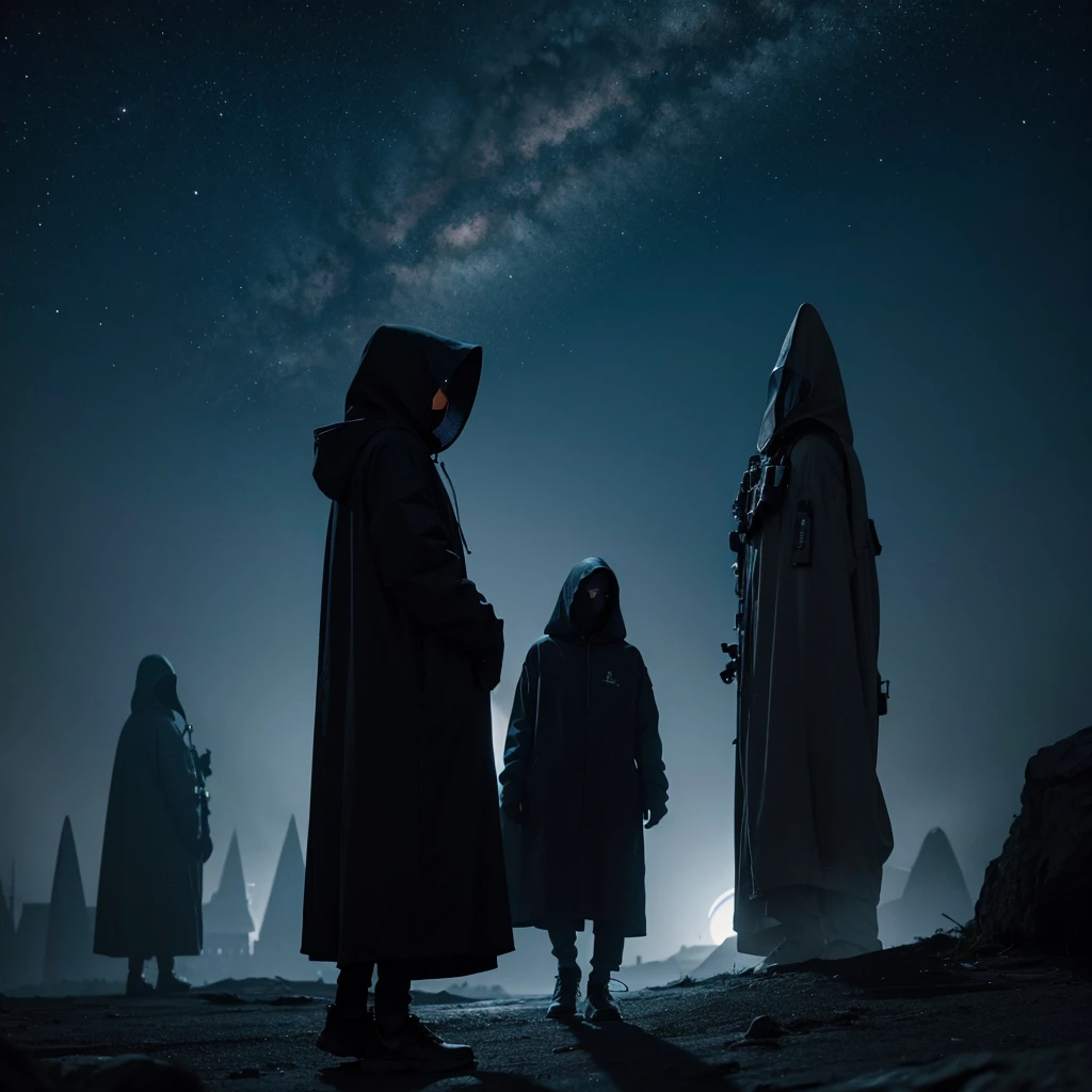 ((Best Quality)) hooded person looking at alien civilization architecture with dark color palette