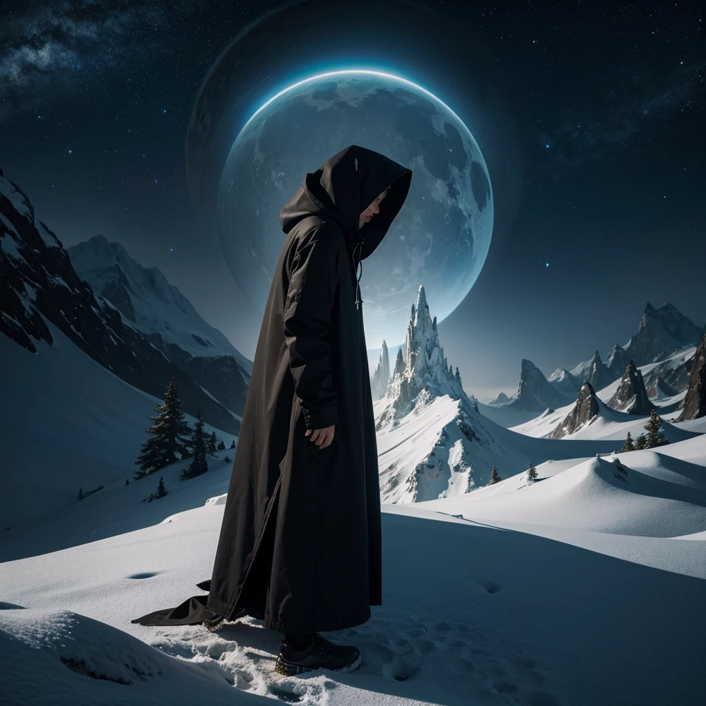 ((Best Quality)) hooded person looking at alien civilization architecture with dark color palette