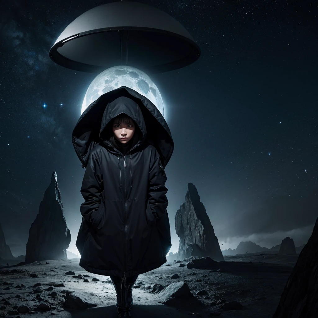 ((Best Quality)) hooded person looking at alien civilization architecture with dark color palette