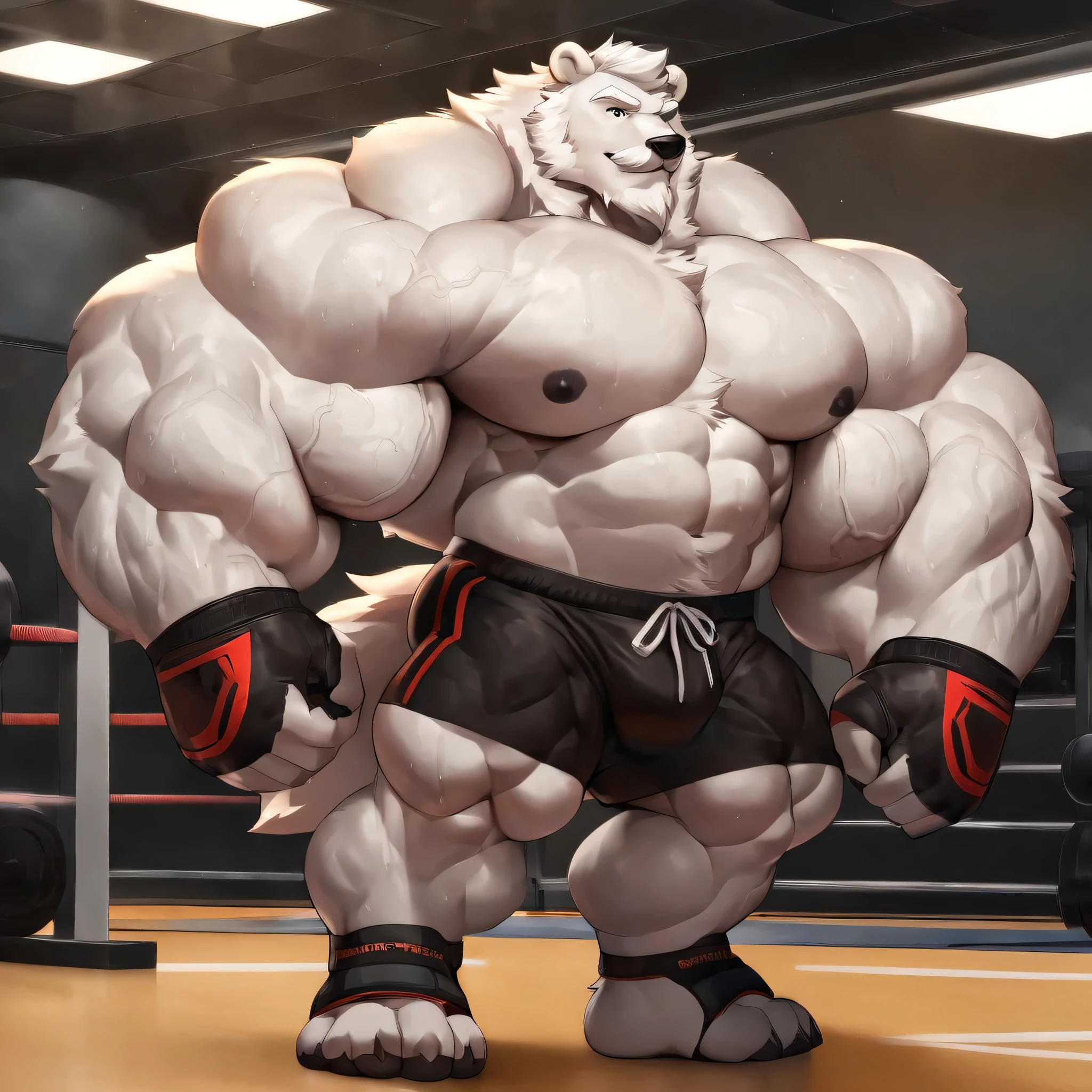 solo, 1boy, Huge Muscular White Polar Bear, huge white fur, pectoral, huge pectoral, wide pectoral, short white hair, ((really big muscle, massive muscular, sixpack, huge fluffy white fur, thick arms, wide pectoral, super huge muscle, hyper muscular, over sized muscle, huge arms, big arms, huge pectoral)), black kickboxing MMA shorts, black toeless wootwear, fingerless kickboxing fighting gloves and shirtless and topless, white bearded, white Mustache, white fur, grey eyebrows, gym fitness center background, masterpiece, high detailed, 8k, high resolution, at the gym, flexes huge thorax, looking at the viewer, acting all hunk, age of sweating and veins popping