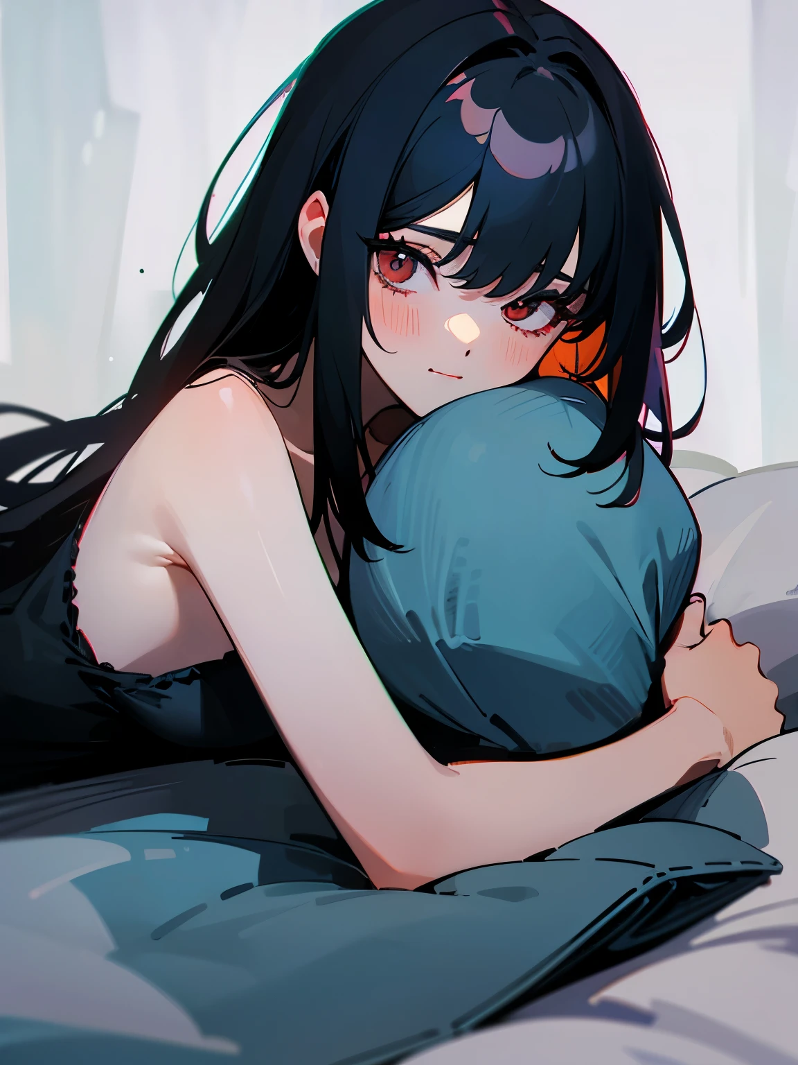 (masterpiece, best quality, absurdres, very detailed eyes), 1girl, solo, solofocus, black hair, long hair, red eyes, bangs, closeup, ager, cyberpunk, 20 year old, 1girl, ? 1girl 6748210? alternate costume 352806? bare shoulders 997274? bed sheet 106534? blue camisole 1087? 942355? blush 3449032? 4309256? camisole 38354? closed mouth 968802? dutch angle 128010? hair down 26570? hugging object 22941? looking at viewer 3394084? lying 569485? 872078? 329057? messy hair 60901? no bra 159600? on bed 136227? on stomach 68177? pillow 164449? pillow hug 8658? 145179? solo 5238747? 6314? 14121? under covers 10479? upper body 693358 one eye closed yawning