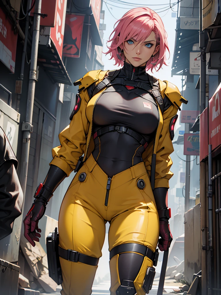 Fake body and , Mature woman in metal rising revengeance body details, foto de busto, big pink hair, shining blue eyes, wearing a mustard yellow jumpsuit, breasts big, looking 35 years old, eye on the spectator, Look to the camera, , the background is a cyberpunk city, revegeance expression, foco no rosto, de frente, foco no busto, riaden armor of metal gear rising