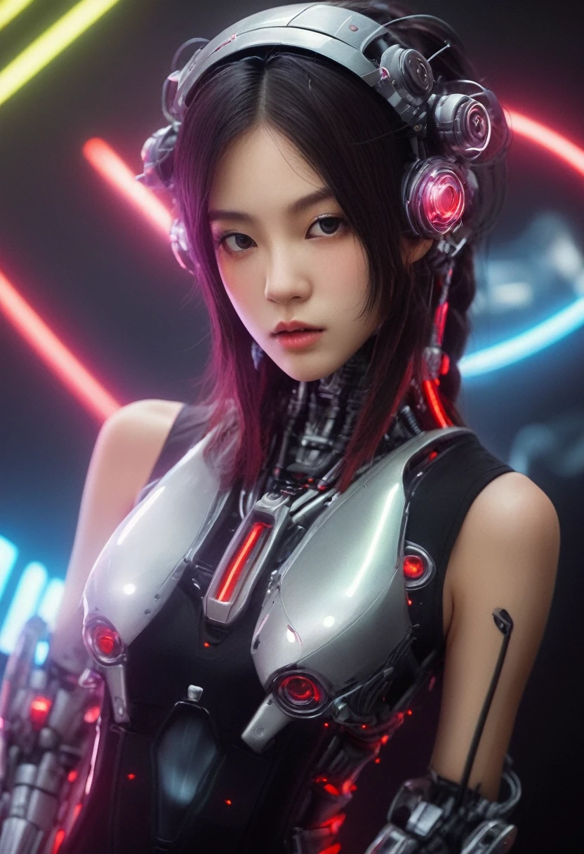 xxmixgirl. Highly detailed professional 35mm film, bokeh, face in sharp focus. A robotic female, Miku, with ((metal skin)), ((perfect Asian eyes)) with magenta irises and ((black pupils)), beautiful serious (detailed face), 18 year old ((photorealistic face)), very long magenta twin tails of magenta hair, twin black hair ties with a single red stripe. She may have a black audio headpiece. We can see her ((full body)) down to her boot soles. Her outfit is a sleeveless collared light grey shirt, outlined in red around the frilled collar and hems. Shiny reflective ((metallic breast cups, dimpleless)), invisible nipples. She wears black sleeves with red hems that start around her upper arm and bellow out as the sleeves open and extend to her wrists, with wide trumpet red rimmed cuffs. She has perfect robotic (detailed hands). She wears a red colored tie with two horizontal solid parallel black lines halfway across. She wears a fabric black skirt with a horizontal red hem at the bottom all the way around; her (((black skirt wraps around her))) and ((her skirt completely covers)) her robotic waist and thighs. Tall black boots with red bottom soles, a red rim around the top at her thighs. Her mechanical shoulder joints are visible. We can see her robotic legs and robotic neck. Half of her is covered with shiny polished machinery. The background is a distant dark neon futuristic Japanese city, gold, cyan, violet neon, near harbor or mountains.
