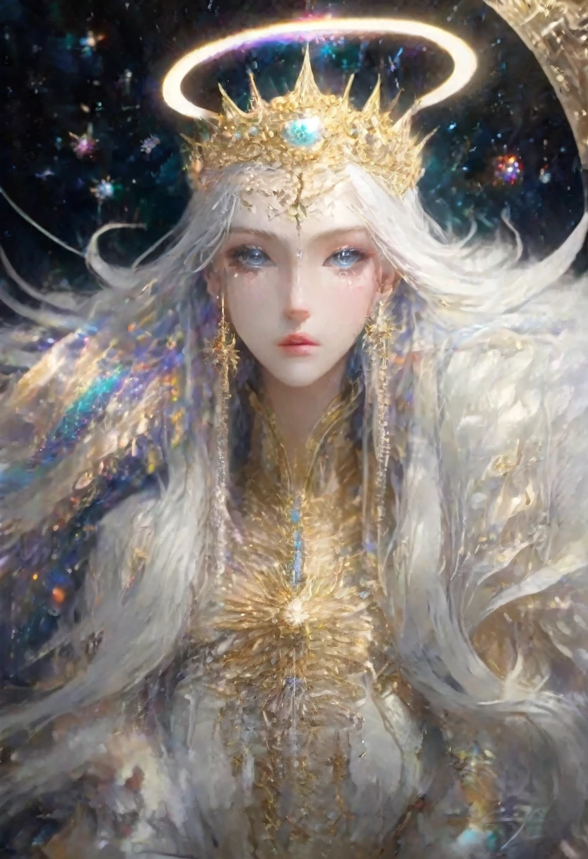 (Celestial Empress:1.2), (cosmic queen:1.2), flowing luminescent gown, stardust and galaxies, ((masterpiece:1.4, best quality)), ((masterpiece, best quality)), (photo realistic:1.4), 1woman, (regal empress), ((hair like a river of light)), shimmering stars, celestial bodies, majestic throne, meteorite throne, precious gems, glowing nebulae, vibrant auroras, swirling galaxies, distant planets, wise eyes, serene expression, commanding presence, cosmic space, deep blues, purples, radiant golds, silvers, comets, Saturn-like rings, cosmic dust, soft radiant lighting, intricate details, majestic, enchanting, otherworldly, celestial beauty, Rich Detail, Perfect Image Quality