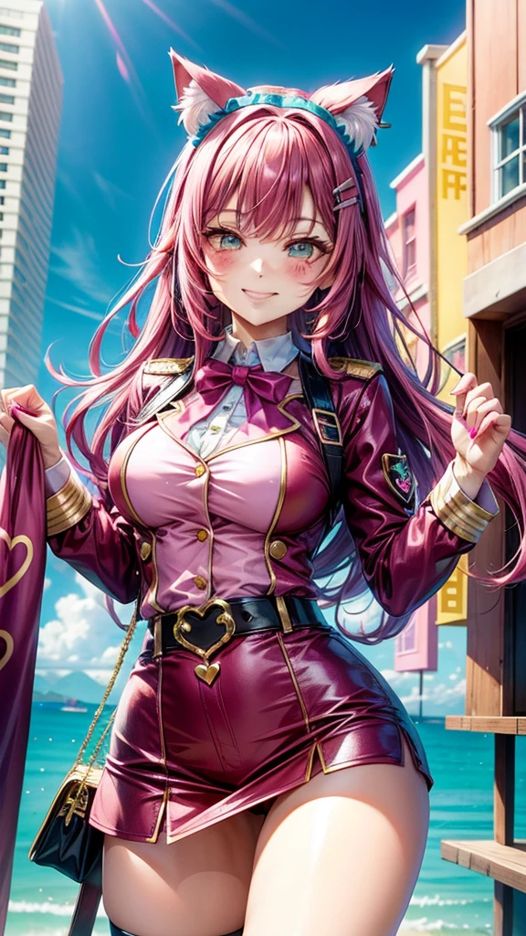 Magenta hair, hazel eyes, older woman, hair accessories, cat ears, long hair, smiling face, bright colors, sexy uniform outfit, teal pink and gold clothes, hearts