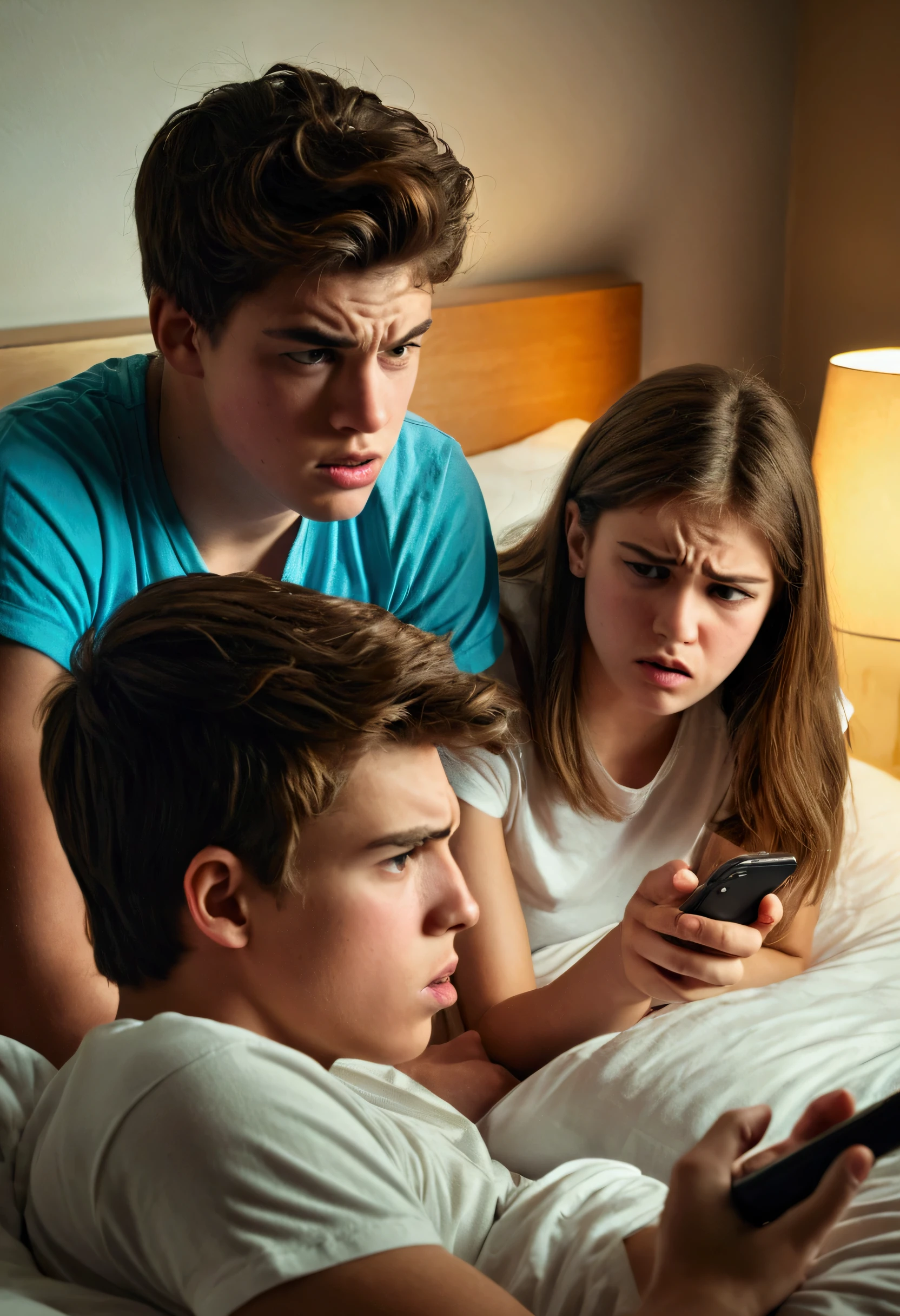 couple of agers arguing about their partner's infidelity with the cell phone who has it in his hand, pulling each other's phone, Man with sad face and woman with angry and thoughtful face lying in bed looking at each other , realistic high definition image