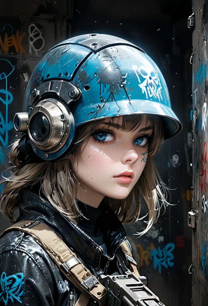 1girl, detailed face, beautiful girl, Ashley Wood style, glowing steel-blue eyes, textured skin, black leather coat, death mask, graffiti helmet, modified heavy gun, aiming with intent, best quality, 4k, 8k, highres, masterpiece, ultra-detailed, realistic, photorealistic, photo-realistic, portraits, sci-fi, concept artists, cinematic lighting, dramatic colors, moody, dark, gritty