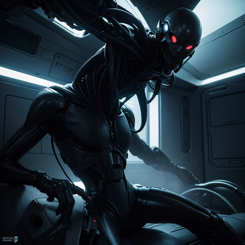 Skinny zombie with cables coming from his head, fetal position, horror, sci Fi, ominous atmosphere, masterpiece, ultra detailed, photorealistic.