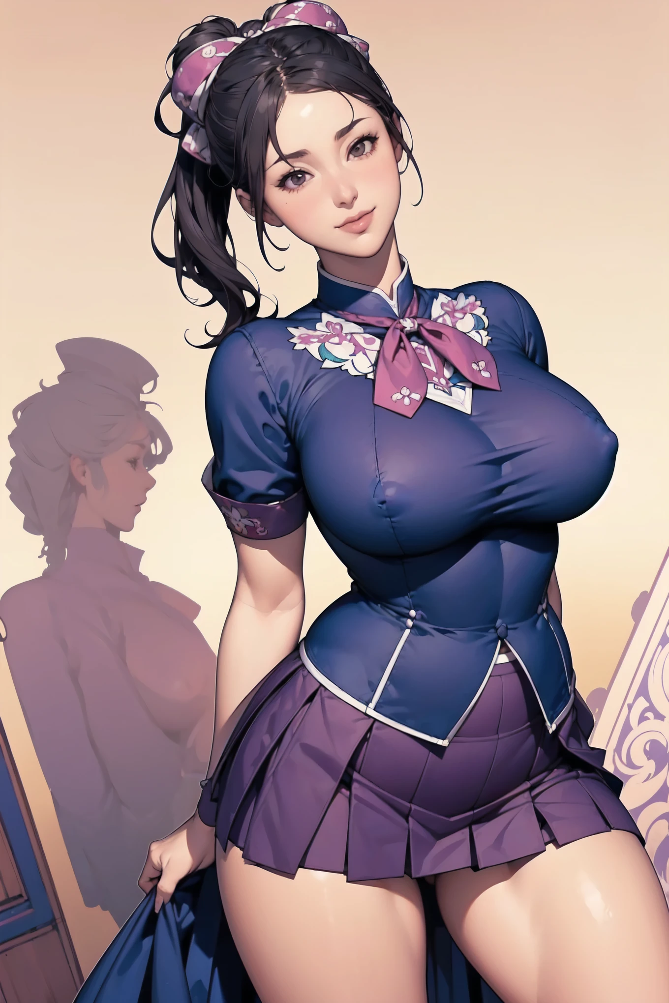 ((Mucha style)),(Vulgar),((JK girl)), open leg stand, (from thigh up),Too big,Pompadour,(Put your arms behind your back:1.2),((Sex addiction))((highschool uniform)), ((highschool skirt)) on (少し見えている panties), Half of it sticks out from the clothes,(High position:1.6),((Detailed face)) smile, ribbon,