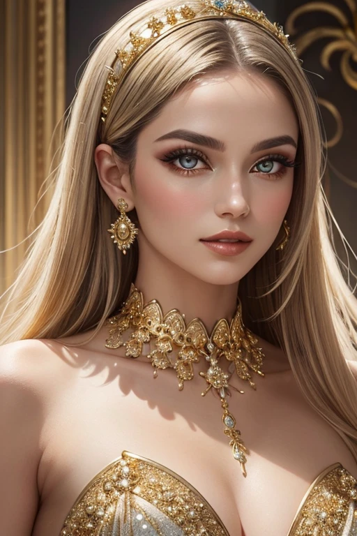 (best quality,ultra-detailed,realistic:1.37),portrait,blonde hair and blue eyes,white skin,extravagant costume with gold details and a cute expression,sexy pose,tight clothes,breast showing,expensive jewelry,sparkling background light,hair with intricate details,delicate makeup,vivid colors,high-resolution rendering,professional lighting,sharp focus,long eyelashes,beautiful detailed eyes,beautiful detailed lips,beautiful detailed face,luxurious lifestyle,queen-like elegance,flawless complexion,dynamic composition,perfect symmetry,graceful posture,intricate patterns,rich textures,golden accents,reflective surfaces,exquisite craftsmanship,ultra-fine painting,atmospheric ambiance,impressive attention to detail,fascinating visual storytelling,attention-grabbing,gorgeous artwork