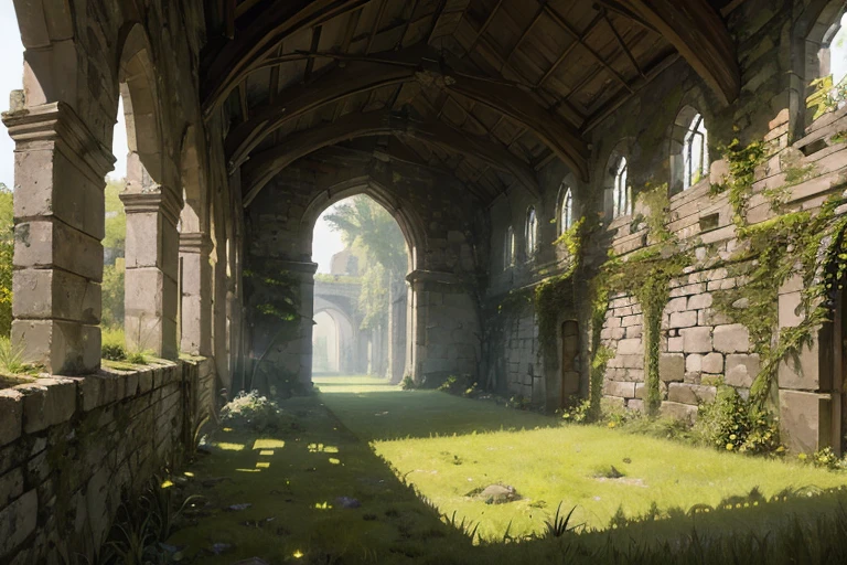 extremely overgrown haven walled off from the world with very tall dilapidated stone walls, spacious rectangular interior with tall grass 