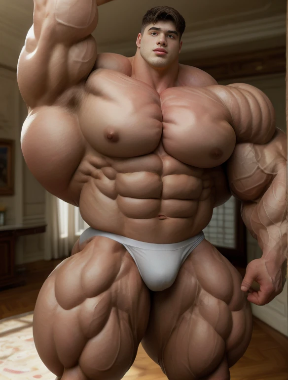 1boy, giant bodybuilder, stand, illuminating light, strong body, bulk, large size, staring, standing, armpit, in the empty room, , white triangular underwear, prominent bulge, extraordinary big, brutalmass, giant, muscular body, bulk, buff, massive body, large meaty body size, extremely wide body