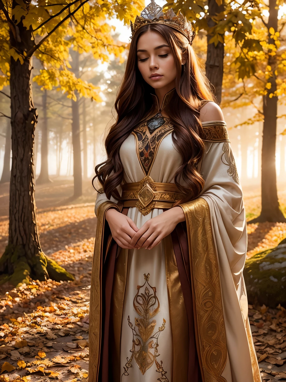 A radiant and enchanting (((Nordic goddess))) gracefully standing amidst a vibrant autumn landscape. Her flowing auburn locks cascade down her shoulders, adorned with a crown of golden leaves that mirror the colorful foliage surrounding her. The ground is covered with autumn-colored leaves . She is cloaked in a gown of earthy tones, embroidered with intricate patterns representing the changing seasons. The soft glow of the setting sun casts a warm, ethereal light upon her, infusing the scene with a magical ambiance. Autumn-colored dead leaves are carried by the breeze.