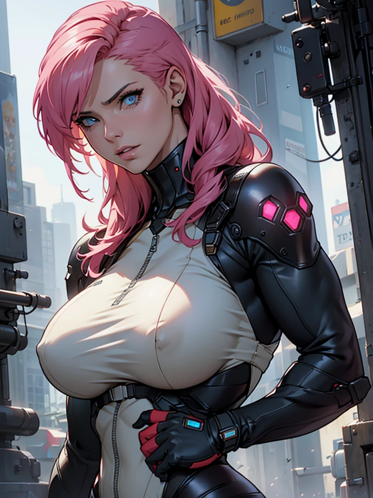Fake body and , Mature woman in metal rising revengeance body details, foto de busto, big pink hair, shining blue eyes, wearing a mustard yellow jumpsuit, breasts big, looking 35 years old, eye on the spectator, Look to the camera, , the background is a cyberpunk city, revegeance expression, foco no rosto, de frente, foco no busto, riaden armor of metal gear rising, massive fake pointed tits