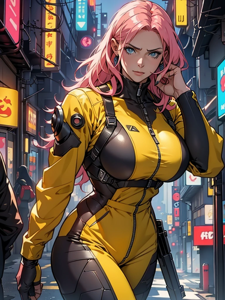 Fake body and  , Mature woman  in metal rising revengeance body details, foto de busto, big pink hair, shining blue eyes, wearing a mustard yellow jumpsuit, breasts big, looking 35 years old, eye on the spectator, Look to the camera, , the background is a cyberpunk city, revegeance expression, foco no rosto, de frente, foco no busto, riaden armor of metal gear rising, massive fake pointed tits
