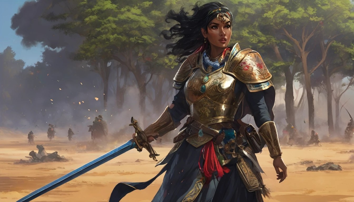aida:gorgeous  woman, Arabic ,dressed in the F uniform.That's.p.That's., coat of arms of F.That's.p.That's preso ao uniforme, worn and partially torn, with blood stains, cutoff points, sparks or smoke coming from damaged areas. Add foliage to indicate an intense battle. Characteristics: sanguine (1.95m), age 28, olhos verdes esmeralda, black hair up to the waist, serene and curious expression, subtle scar on left cheek, pele caucasiana. Missiles: That'sspada feita de metal extraído de meteoritos, with shiny details and luminous veins. stance: Facing the reader, in a ready position, with his sword raised and an expression of determination.