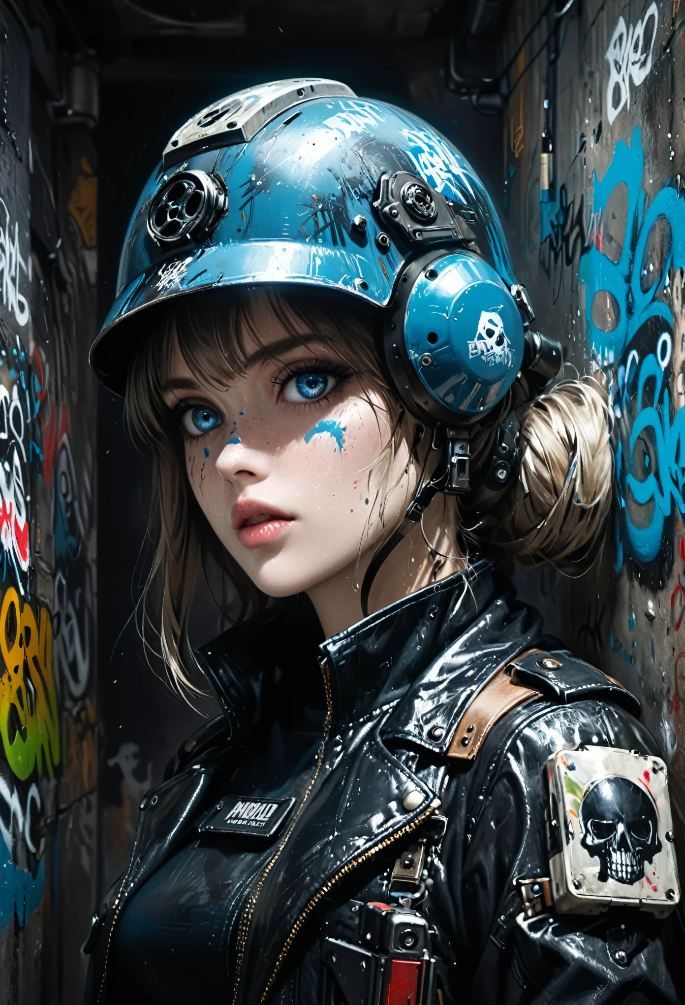 1girl, detailed face, beautiful girl, Ashley Wood style, glowing steel-blue eyes, textured skin, black leather coat, death mask, graffiti helmet, modified heavy firearm, aiming with intent, best quality, 4k, 8k, highres, masterpiece, ultra-detailed, realistic, photorealistic, photo-realistic, portraits, sci-fi, concept artists, cinematic lighting, dramatic colors, moody, dark, gritty