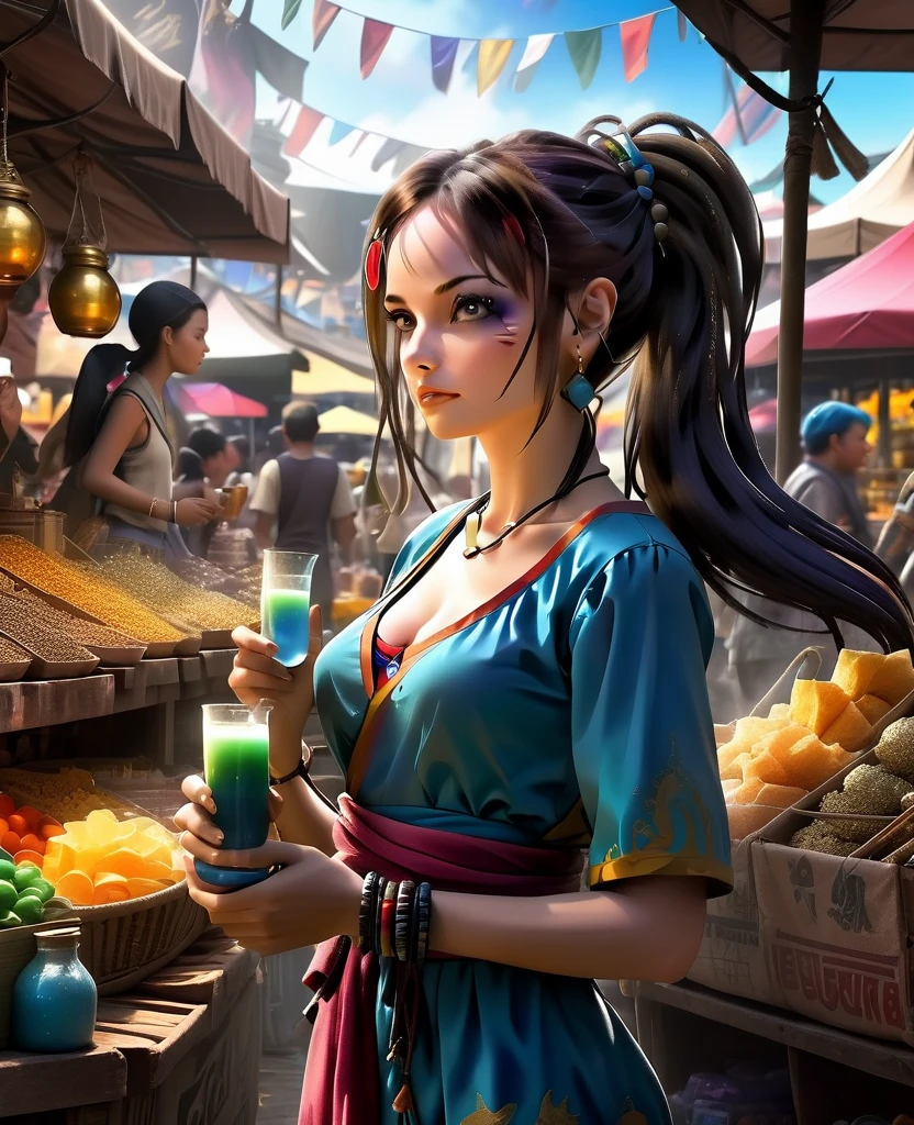 art in 4D vivid colors high quality sombria art sexy jack Sparrow + Bulma DBZ fênix Portrait front view of a girl standing in a mystical marketplace, with Gold withe hair in a flowing ponytail, in a dynamic pose, she is holding a glass of bubbling potion out to the view black eye in the background are busy vendors, and magical light and smoke from the various market stalls. trending on artstation, sharp focus, studio photo, intricate details, highly detailed,