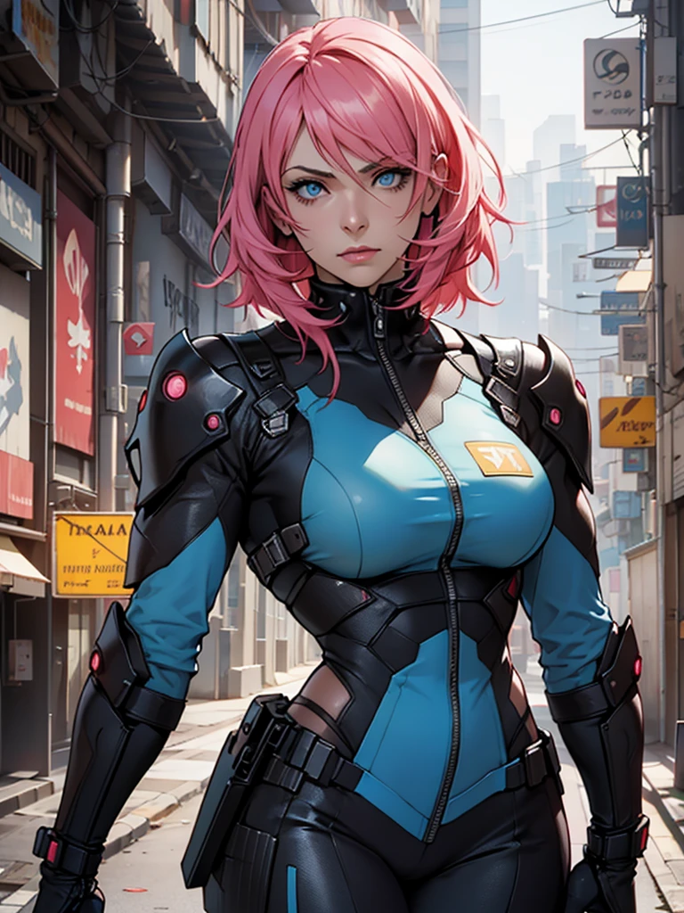 Fake body and , Mature woman in metal rising revengeance body details, foto de busto, big pink hair, shining blue eyes, wearing a mustard yellow jumpsuit, breasts big, looking 35 years old, eye on the spectator, Look to the camera, , the background is a cyberpunk city, revegeance expression, foco no rosto, de frente, foco no busto, riaden armor of metal gear rising