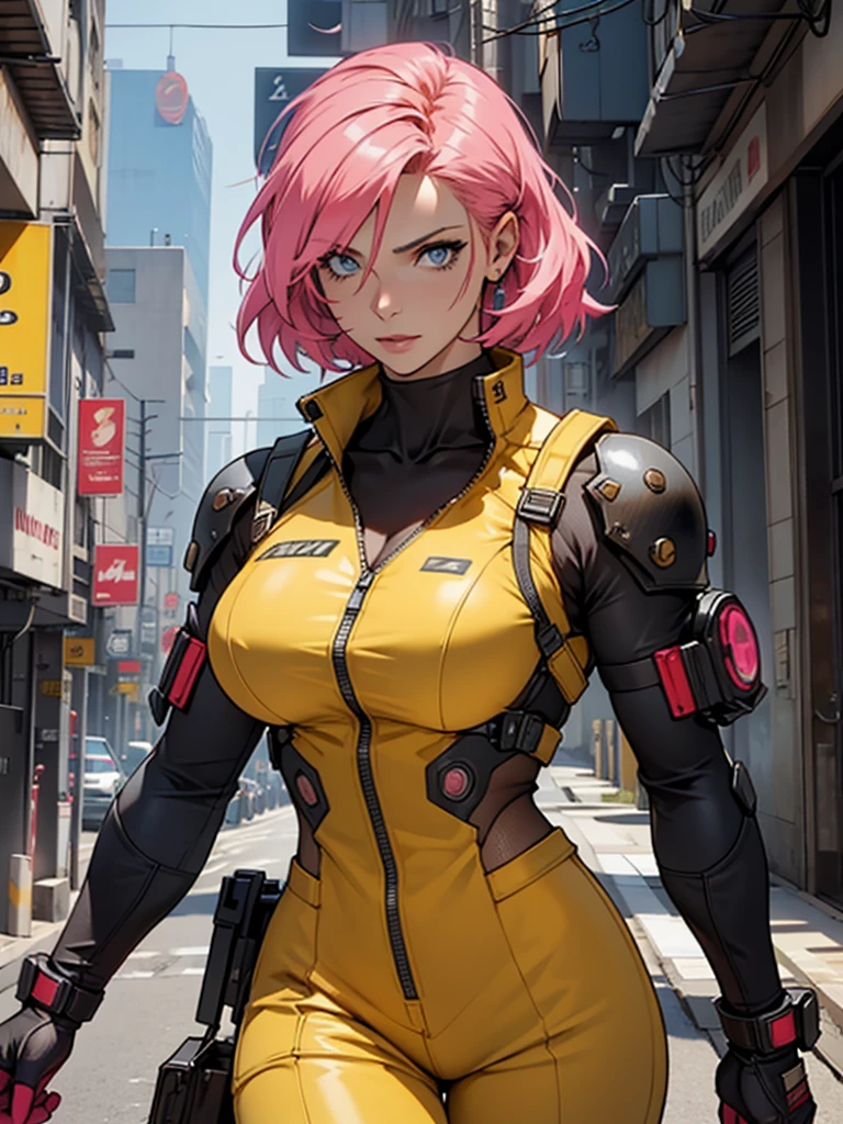 Fake body and , Mature woman in metal rising revengeance body details, foto de busto, big pink hair, shining blue eyes, wearing a mustard yellow jumpsuit, breasts big, looking 35 years old, eye on the spectator, Look to the camera, , the background is a cyberpunk city, revegeance expression, foco no rosto, de frente, foco no busto, riaden armor of metal gear rising