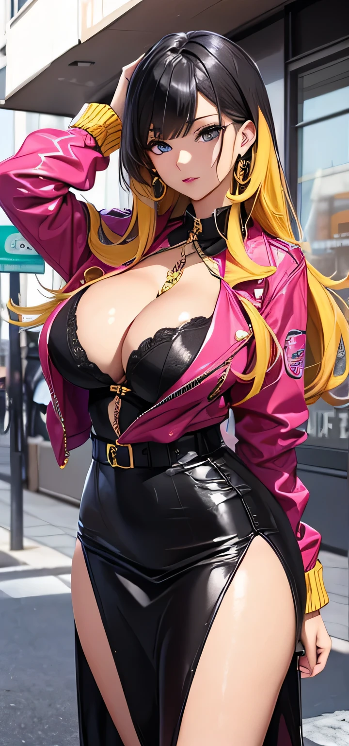 beautiful detailed 20 years old female, beautiful face, wearing Gyaru Style: Trendy and bold fashion with flashy accessories, voluminous hair, and bright colors, black hair, curvy body, ultra large sagging breasts, massive cleavage expose, random expressions