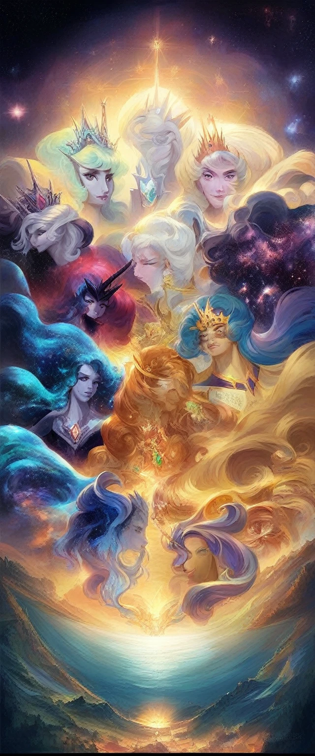 (Celestial Empress:1.2), (cosmic queen:1.2), flowing luminescent gown, stardust and galaxies, ((masterpiece:1.4, best quality)), ((masterpiece, best quality)), (photo realistic:1.4), 1woman, (regal empress), ((hair like a river of light)), shimmering stars, celestial bodies, majestic throne, meteorite throne, precious gems, glowing nebulae, vibrant auroras, swirling galaxies, distant planets, wise eyes, serene expression, commanding presence, cosmic space, deep blues, purples, radiant golds, silvers, comets, Saturn-like rings, cosmic dust, soft radiant lighting, intricate details, majestic, enchanting, otherworldly, celestial beauty, Rich Detail, Perfect Image Quality