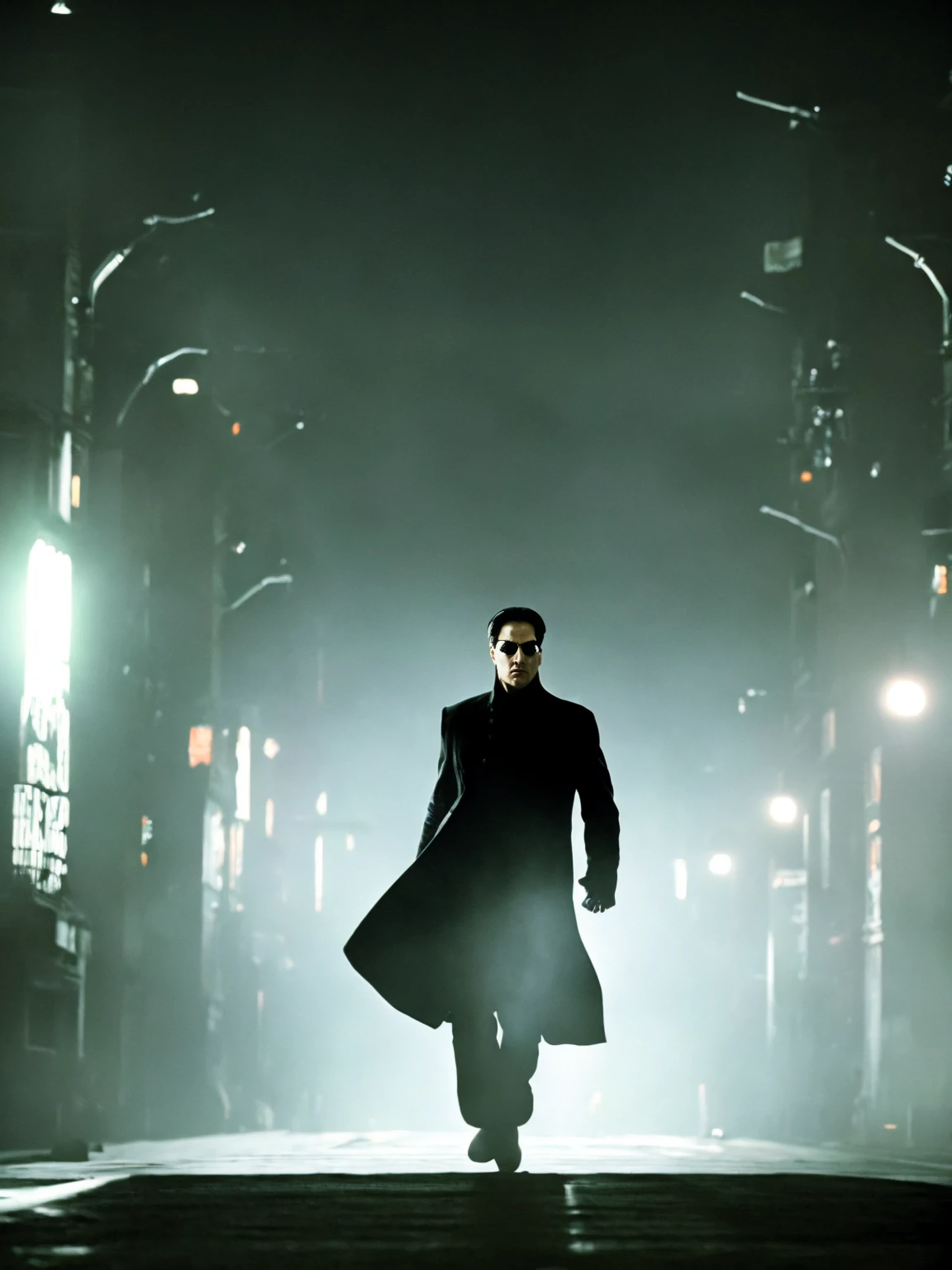 Neo \The Matrix\ movie dark atmosphere outside city urban elements foggy green black action danger thriller gun shooting scene dodging bullets movement reflex fright running chasing yelling grimace cinematic high resolution hyper focus
