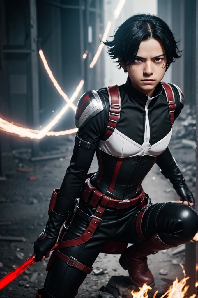 Screenshot My hero academia. 
Girl with short, messy black hair with dark red rays. 
He has one red eye and one white eye., He has a white scar on his eye..
He is wearing his hero suit, It runs ahead but has a long line behind, It has a neckline and a corset at the waist, He has long black gloves and long black boots with a harness on his legs.. And he has blood floating around him