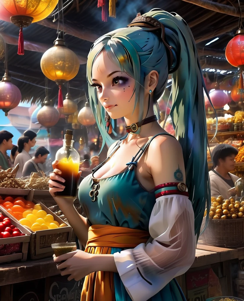 anime manga in 4D vivid colors high quality sombria art sexy seios duros rígidos empinados tits Naruto + nami lol fênix Portrait front view of a girl standing in a mystical marketplace with blue gold hair in a flowing ponytail in a dynamic pose she is holding a glass of bubbling potion out to the view blue eye in the background are busy vendors and magical light and smoke from the various market stalls anime style intricate detailed bright colors arco íris fantasy concept art digital art intricate oil on canvas
