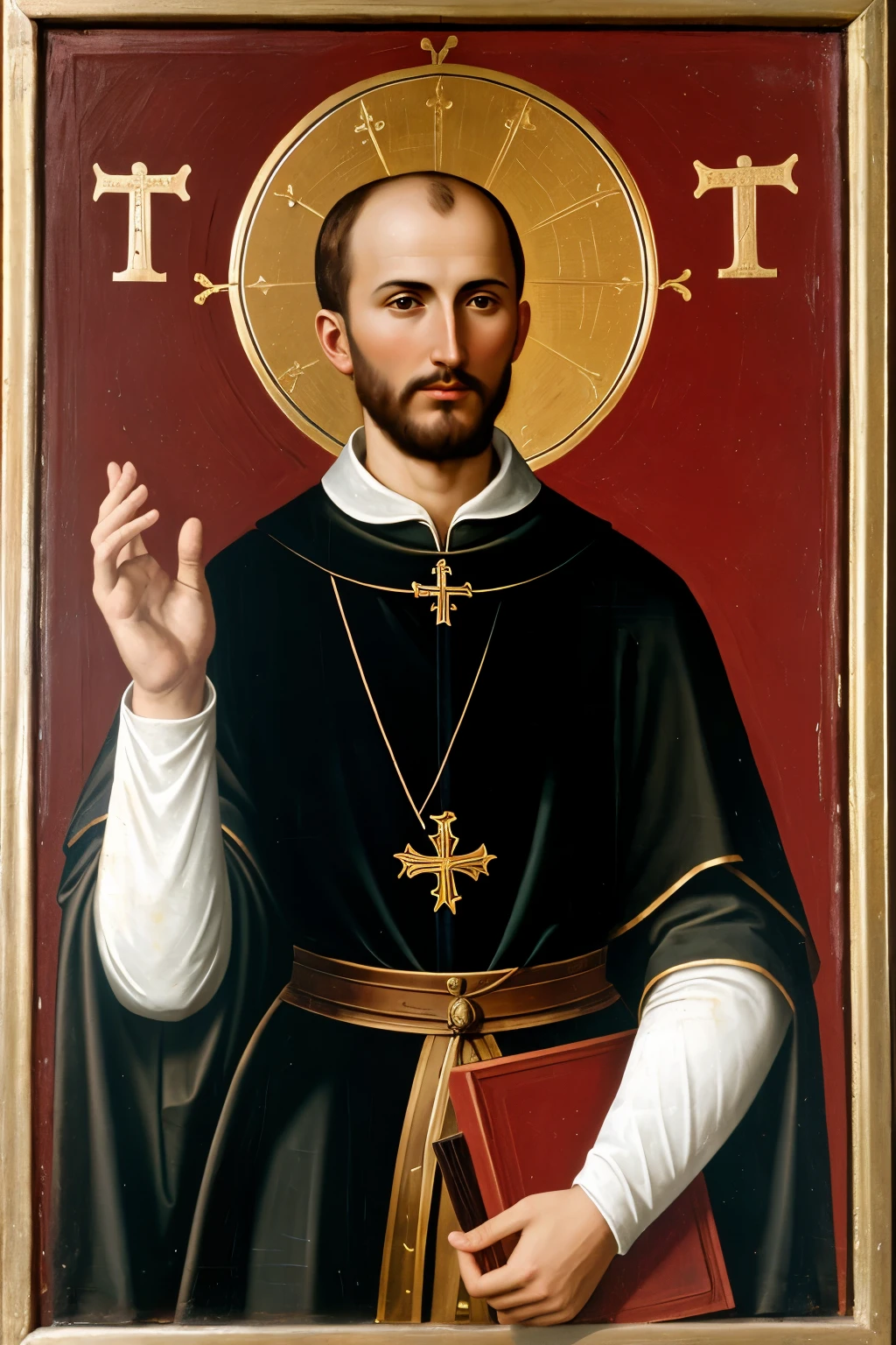 SAINT IGNATIUS OF LOYOLA from the front, showing from his face to his chest, raise hand with open palm and fingers extended upwards, with the palm of the hand facing the person you want to signal to stop.