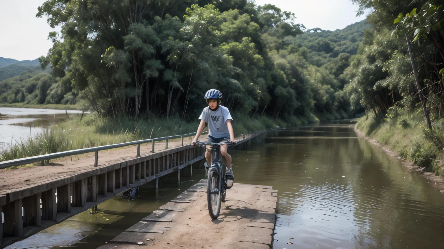 Description: A monochromatic image of a 12-year-old boy, wearing shorts and a t-shirt, on a rough dirt road, crossing a bridge over a 20-meter-wide river with turbulent waters. He is on an old bicycle without a helmet and appears to be unbalanced. In the background, there is typical Brazilian cerrado vegetation with various trees, presenting a rural area scene that is very rustic.