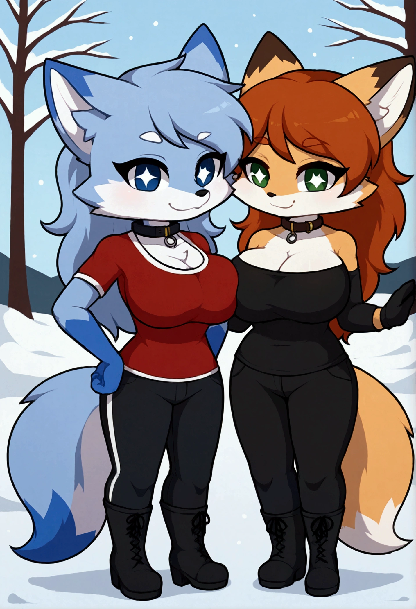 2girls, wolf and fox, furry, bodyfur, tail, collar, topless, jeans, long pants, gloves, boots, chibi, sparkling eyes, full body, big breasts, snow, all fours, peeing