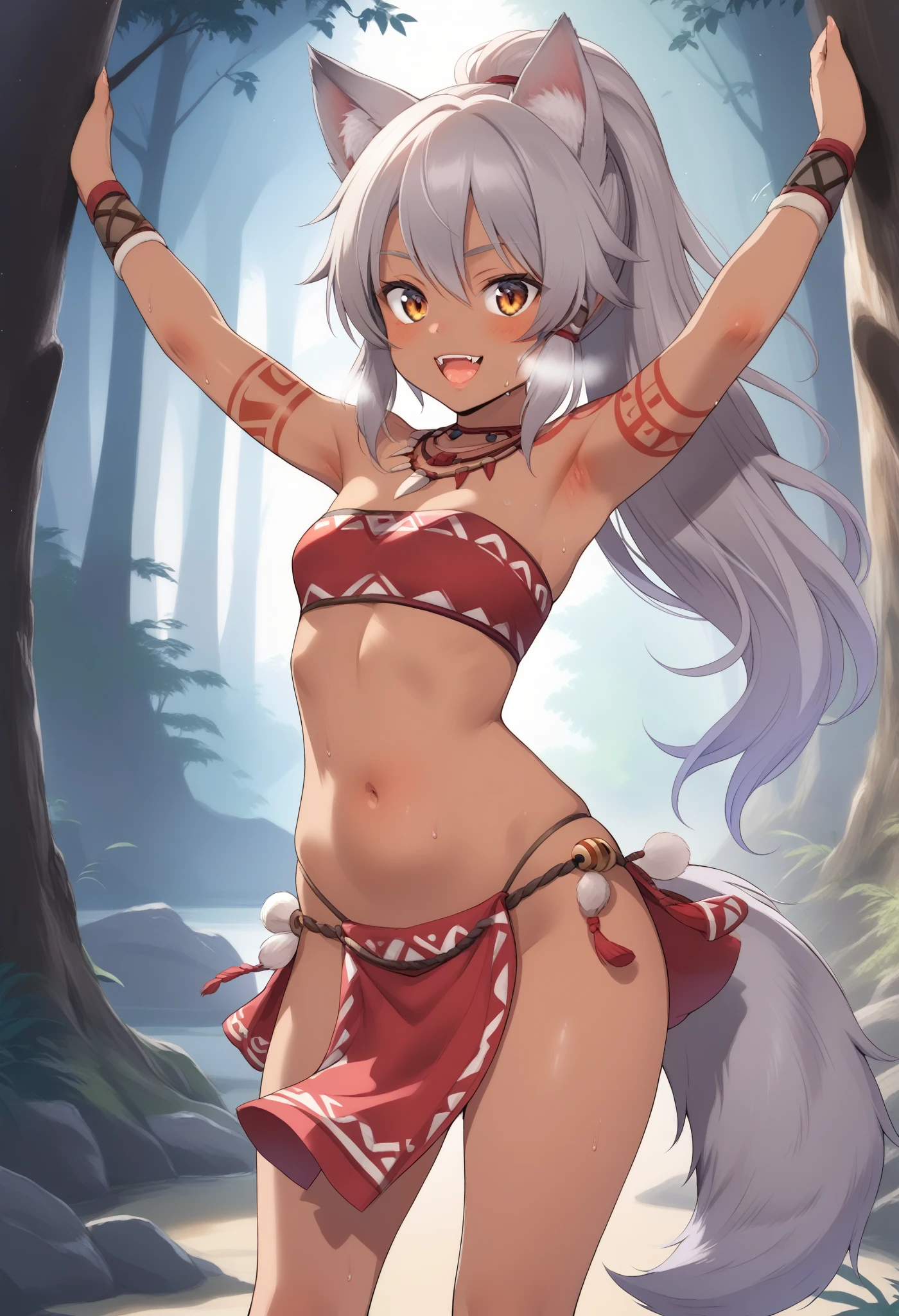 1girl, multiple colored hairs, smile, leaning forward, outside, posing, background, ponytail, (view from behind), 9 years old, (tomboy), slender, pert ass, high details, sharp detailed face, detailed eyes, young, long and wild hair, long hair, tattoo, tanned, cave, forest, very small breasts, fur, revealing outfit, ikuchan, pert ass, asscheeks, tribal tattoos, hot breath, moaning, open mouth, ((motion lines)), dimmed lighting, panting, sweating , outdoors, forest, sweat, teeth, girl with wolf ears and wolf tail, wild girl, animal girl, fangs, ((wolf girl)), (motion lines), small top, gray hair, (wolf girl), hip sway,