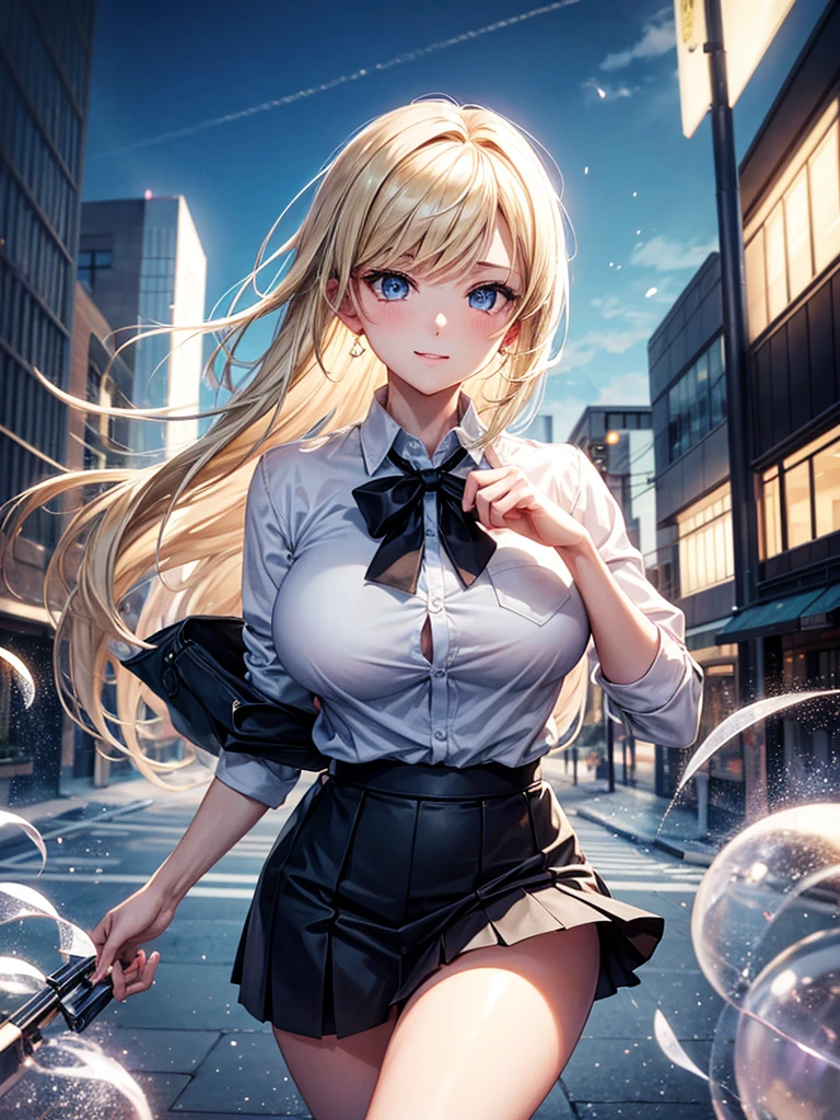 Anime style, super fine illustration, highly detailed, beautiful detailed, pale tone image, static representation, gentle expression, 8k, pretty 1girl with blonde straight short hair & blue eyes & a bright smile & full bust & soft fair skin is wearing big white business shart not to show her skin & black tight skirt in the cafe for drinking ice coffee in the evening, brilliant particles of lights, romantic stories, solo, perfect 5fingers, perfect arms, perfect legs, masterpiece.
