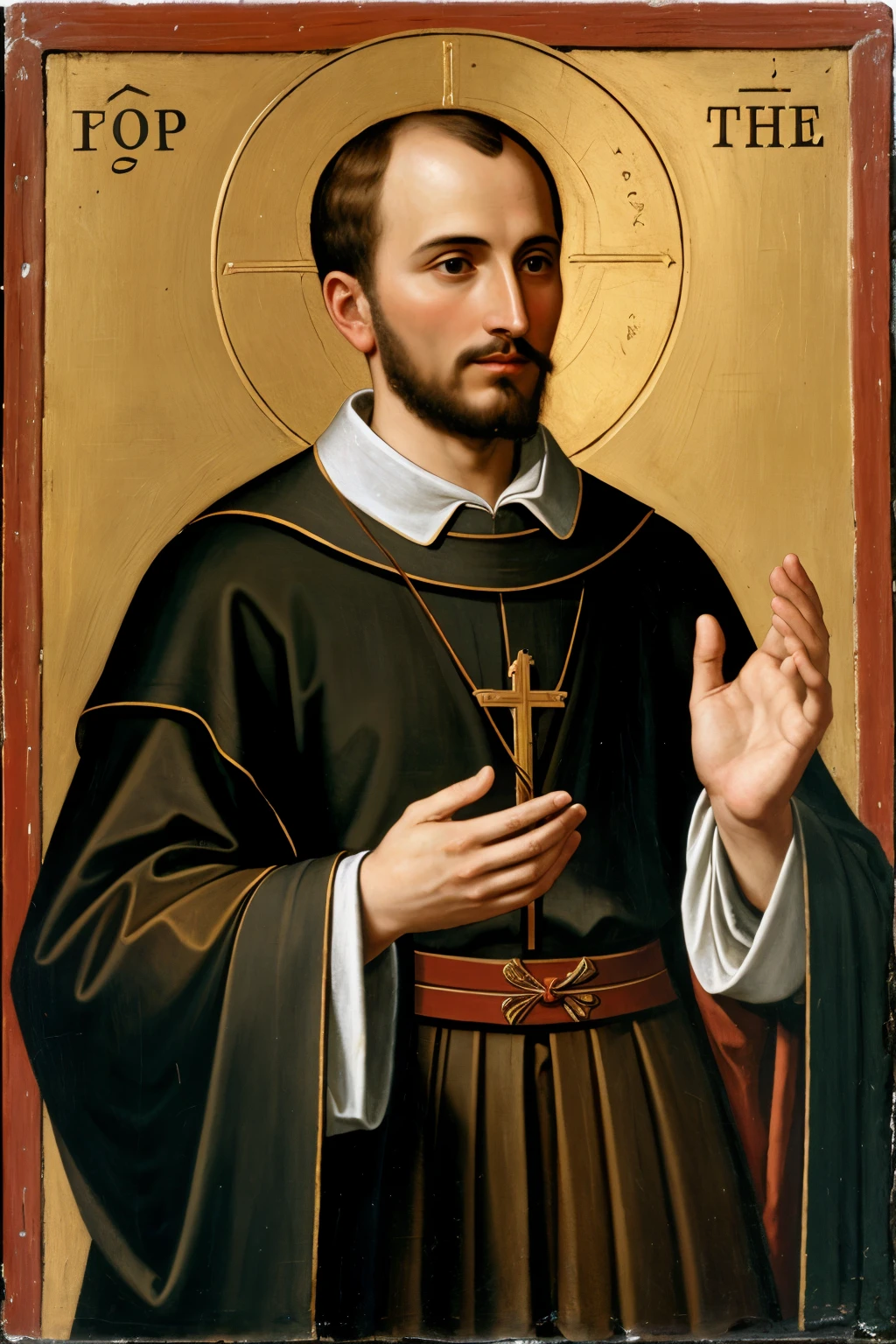 SAINT IGNATIUS OF LOYOLA from the front, showing from his face to his chest, raising the hand with the palm open and facing forward. This gesture is universally recognized as an indication to stop.