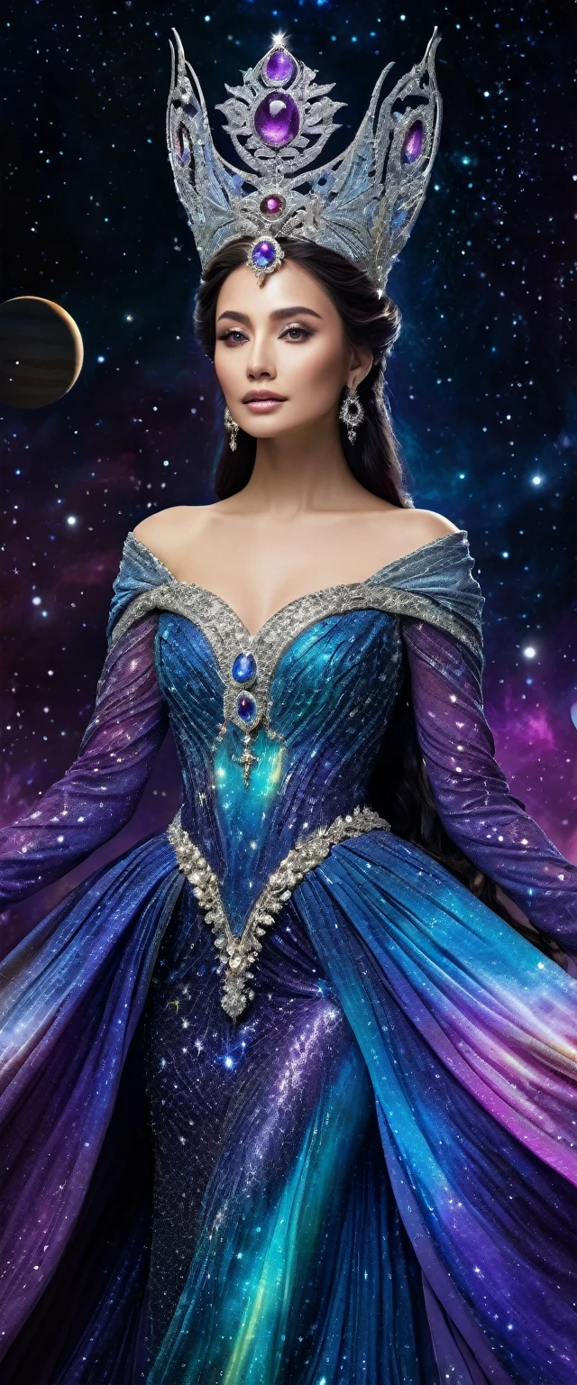 (Celestial Empress:1.2), (cosmic queen:1.2), flowing luminescent gown, stardust and galaxies, ((masterpiece:1.4, best quality)), ((masterpiece, best quality)), (photo realistic:1.4), 1woman, (regal empress), ((hair like a river of light)), shimmering stars, celestial bodies, majestic throne, meteorite throne, precious gems, glowing nebulae, vibrant auroras, swirling galaxies, distant planets, wise eyes, serene expression, commanding presence, cosmic space, deep blues, purples, radiant golds, silvers, comets, Saturn-like rings, cosmic dust, soft radiant lighting, intricate details, majestic, enchanting, otherworldly, celestial beauty, Rich Detail, Perfect Image Quality